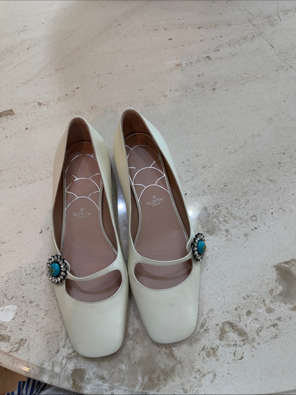 Valentino Cream Leather Mary Jane Flats with Turquoise Crystal Brooch